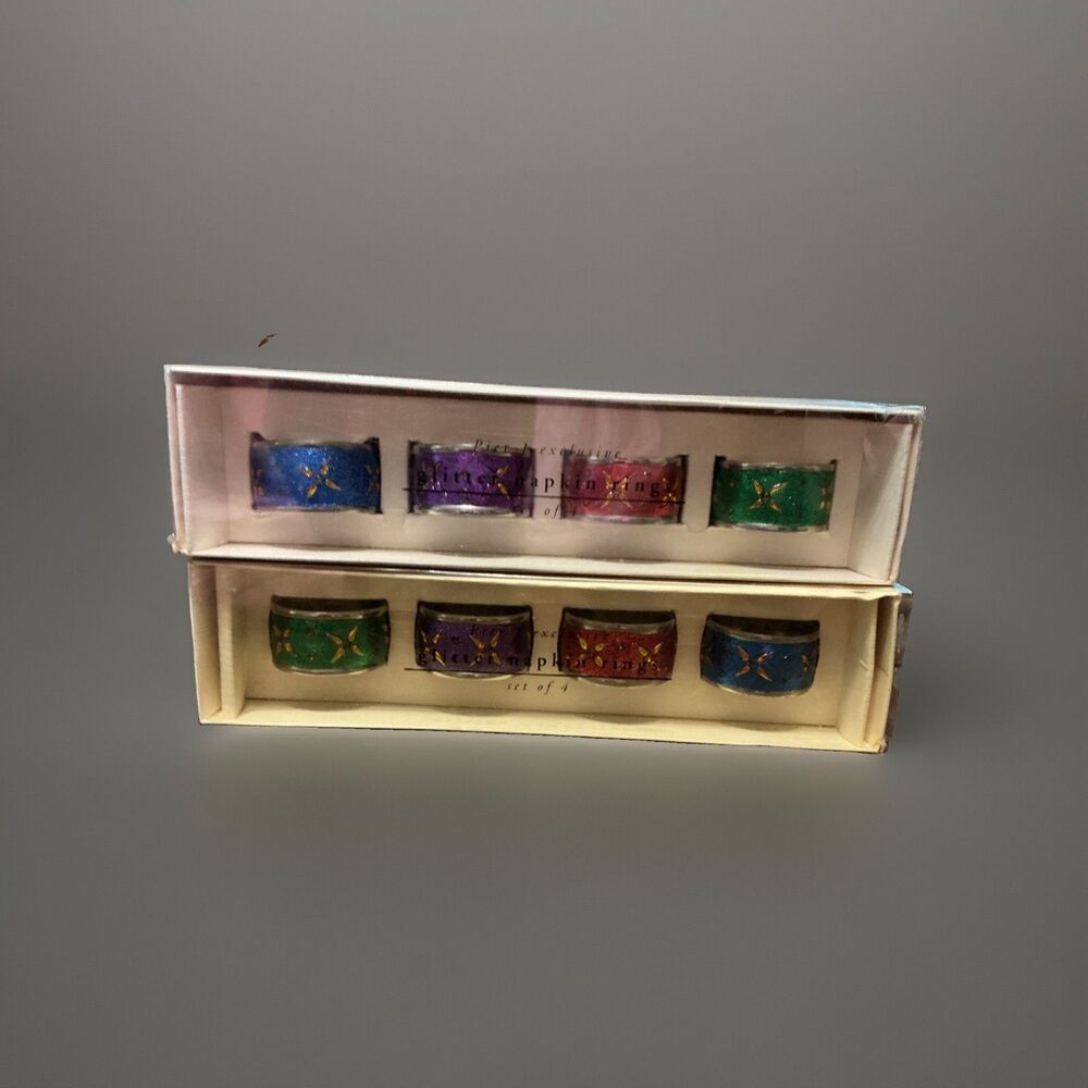 Pier 1 Jeweled Glitter Napkin Rings Christmas Festive Lot of 8 Multicolor